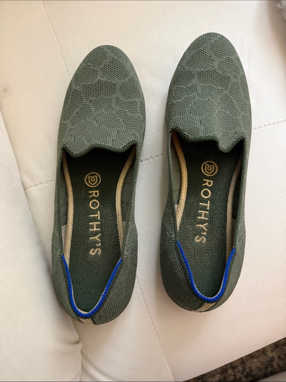 Rothy's Olive Green Knit Slip-On Flats with Blue Trim